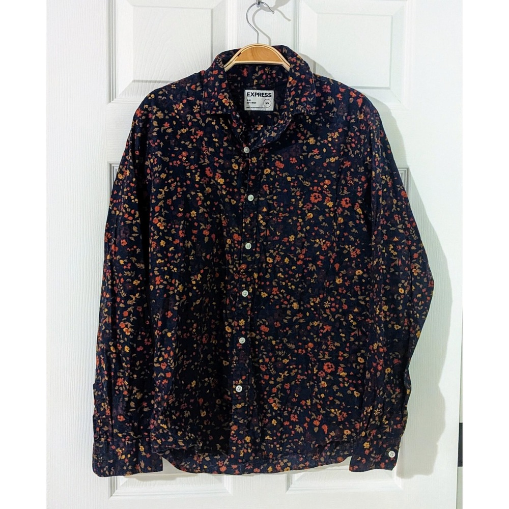 EXPRESS Slim Button Up Shirt Womens M Dark Floral Flip Cuff Soft Wash Cotton EUC